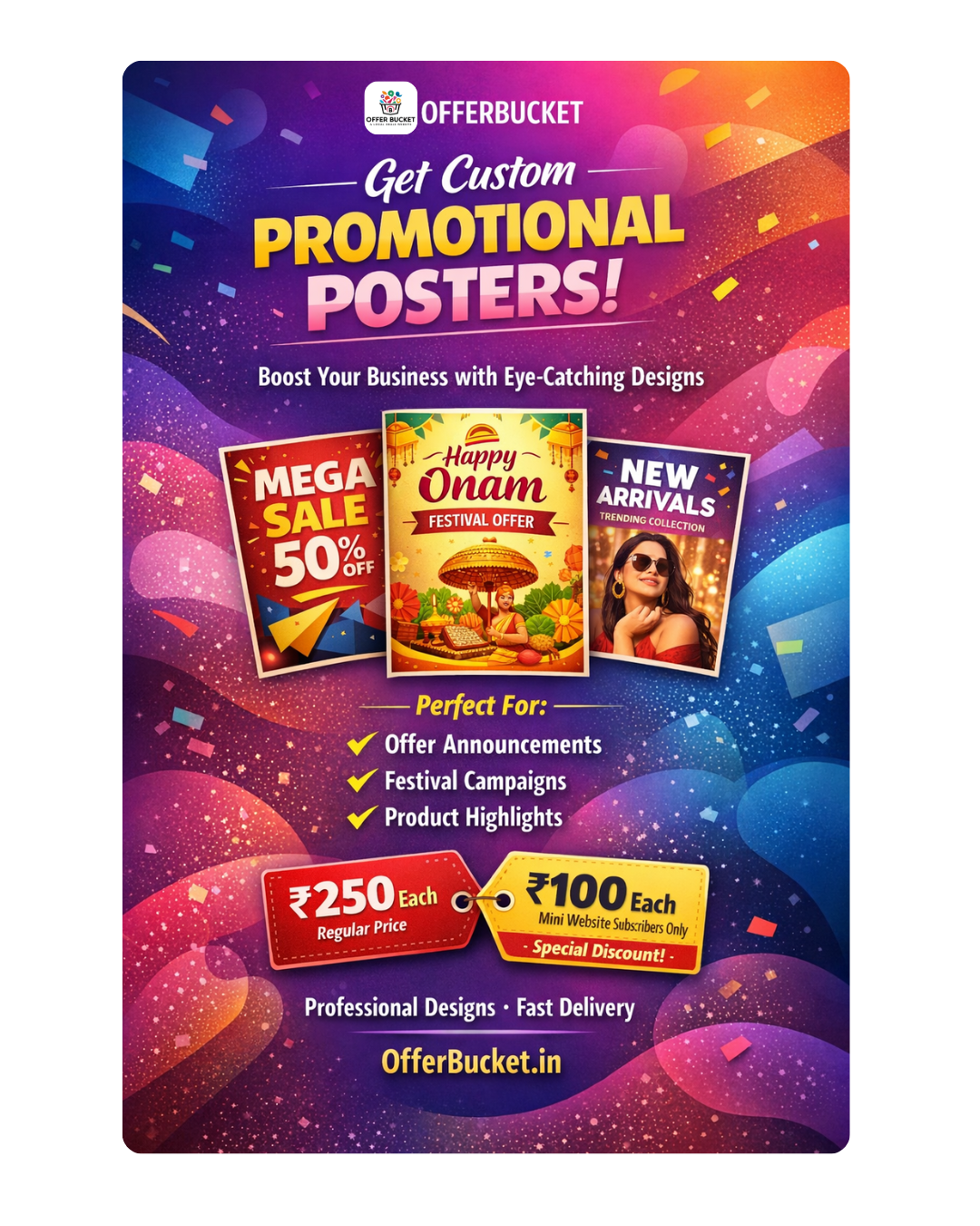 Custom promotional poster design service by OfferBucket with special subscriber discount