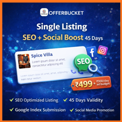 Business listing Kerala SEO and social media boost plan by OfferBucket priced at ₹499 plus ad budget with 45 days validity