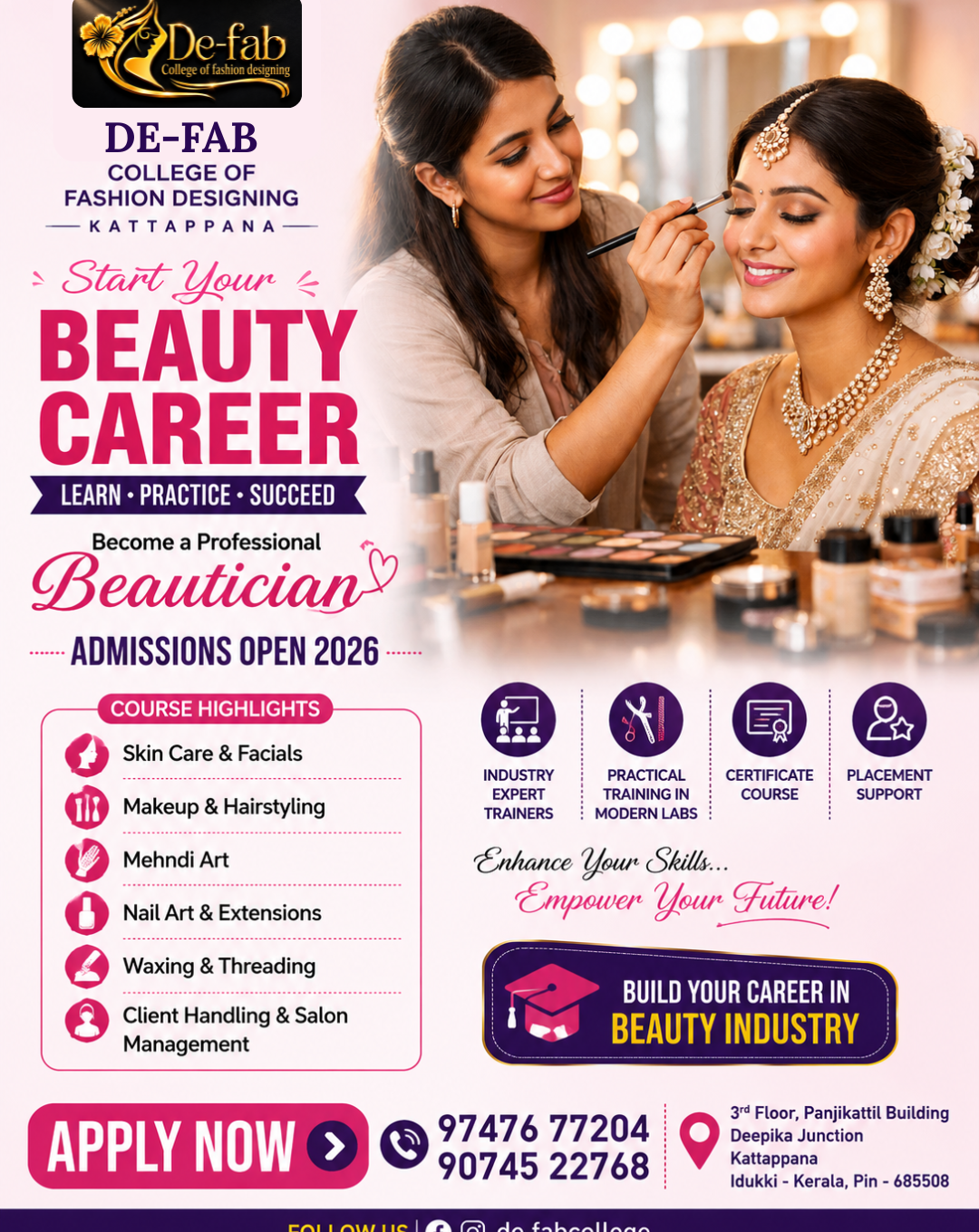 Professional Beautician Course in Kattappana | De-Fab College of Fashion Designing